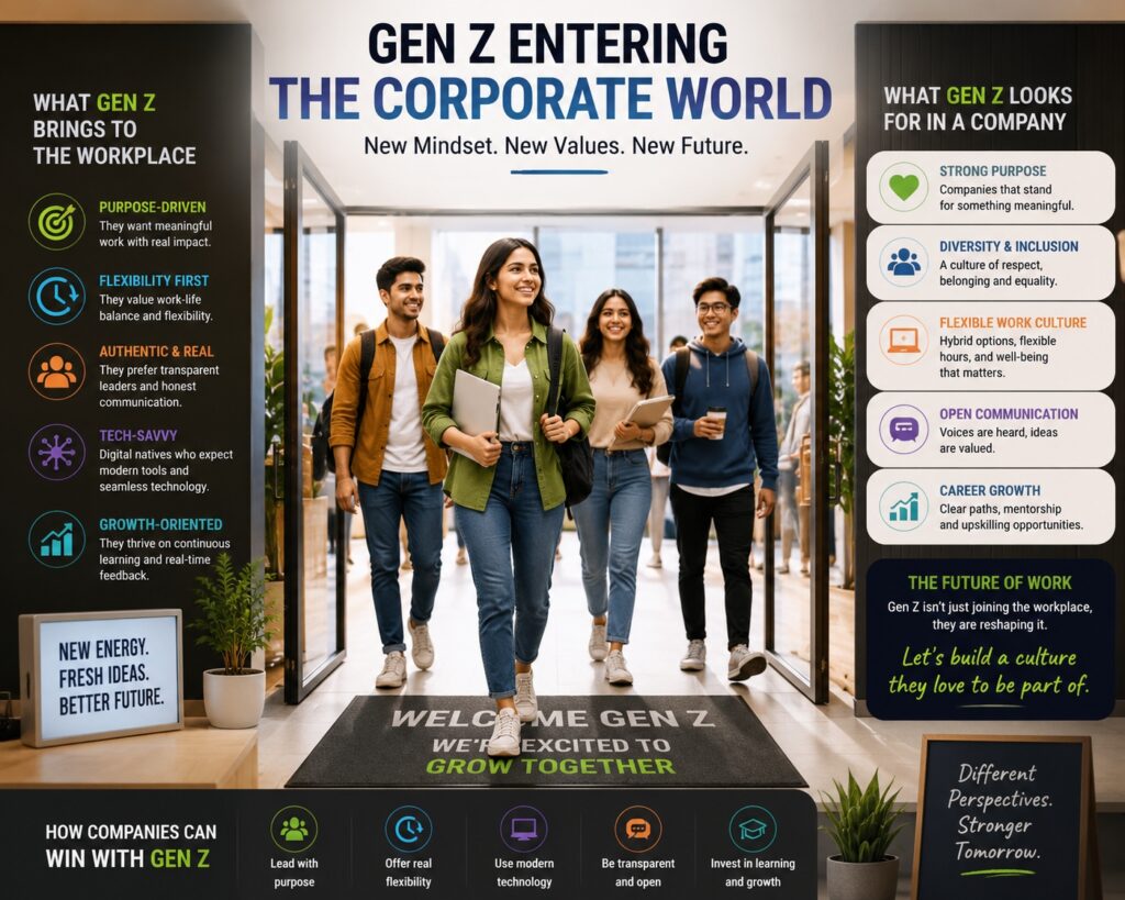 Gen Z workforce joining corporate offices with emphasis on cultural fit, diversity, technology, and work-life balance