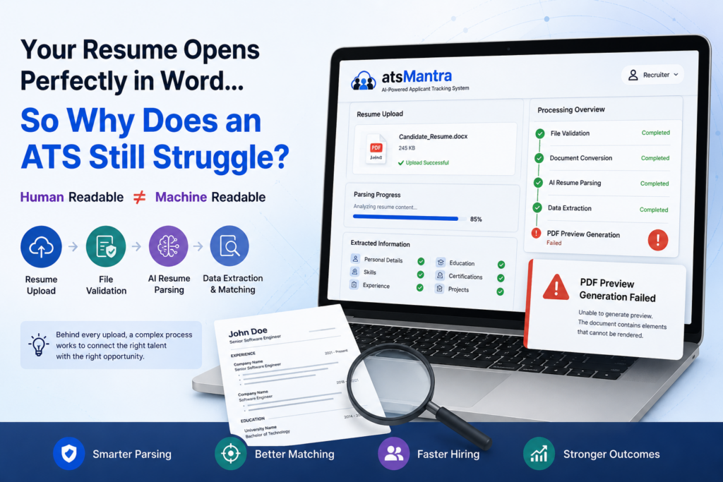 AI-powered ATS resume parsing dashboard processing a machine-readable resume with atsMantra